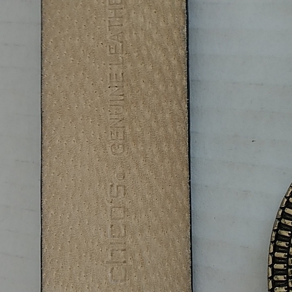 Chico's Distressed Bronze Silver tone Disc Belt Black Leather Adjustable - Picture 3 of 10